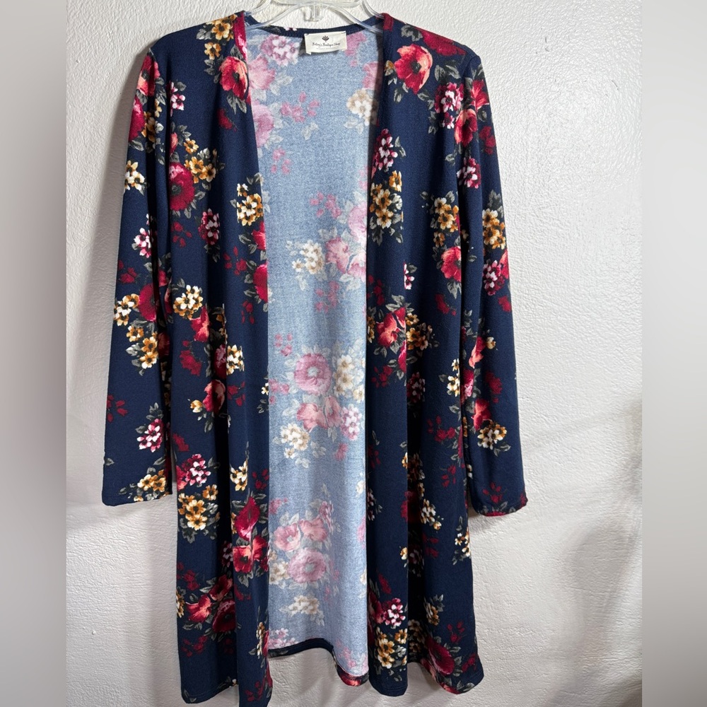 Betsey’s Boutique Shop Floral Open Front Cardigan Duster Small Boho Navy